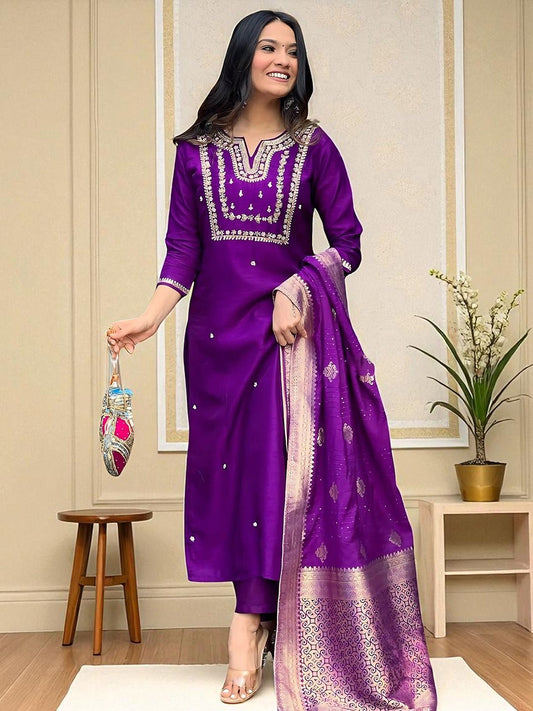 Dhiyona SN Women's Floral Embroidered Cotton Kurta with Trousers & Dupatta
