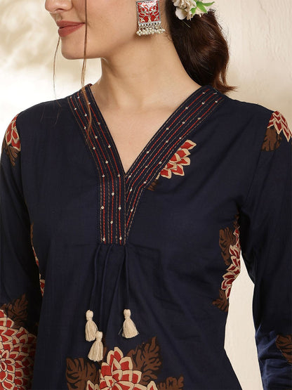 Dhiyona SN Women's Floral Printed Pure Cotton V-Neck Straight Kurta With Trouser & Dupatta