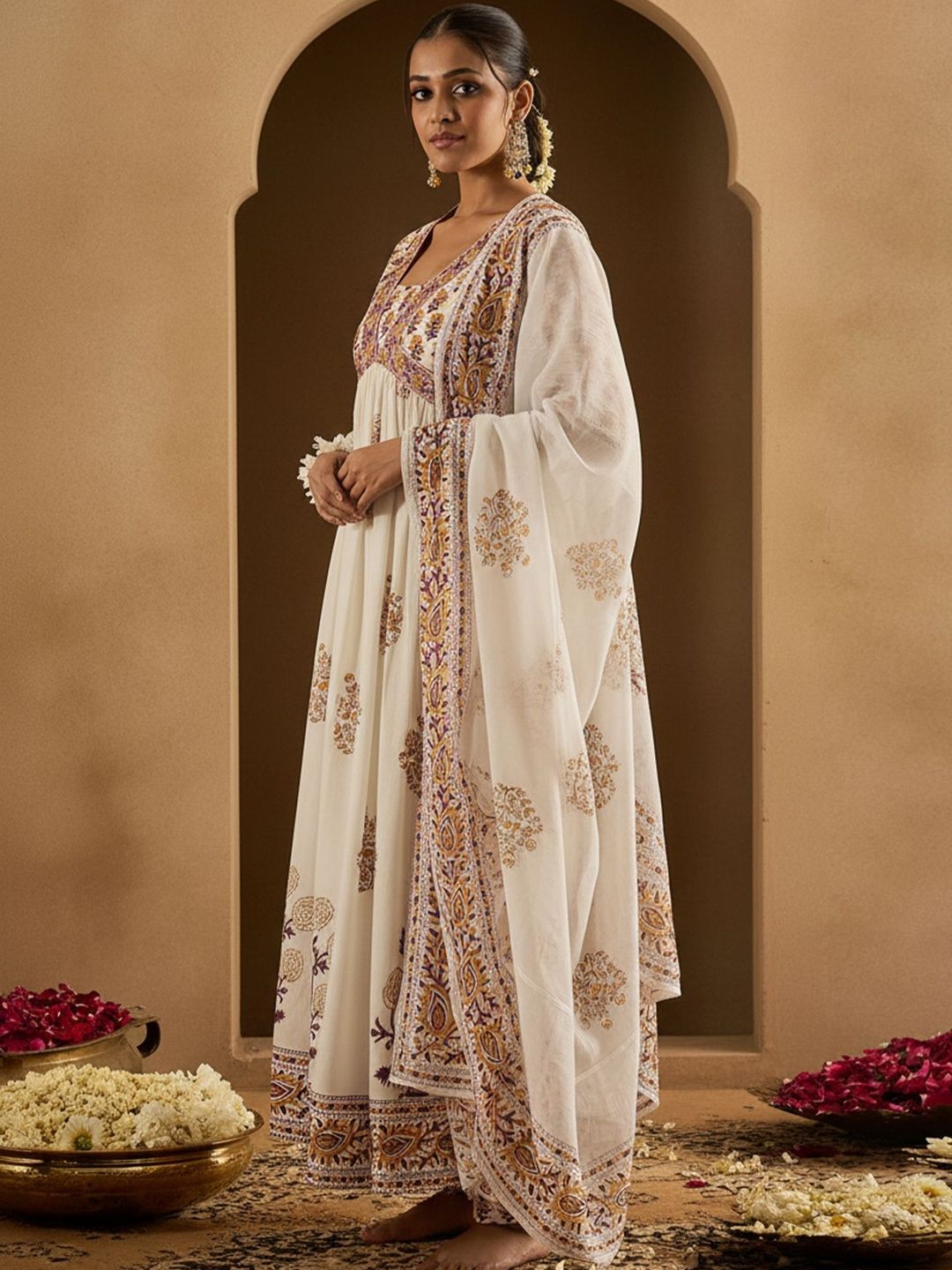 Dhiyona IE Ethnic Motifs Printed Empire Pure Cotton Anarkali Kurta With Trousers & Dupatta