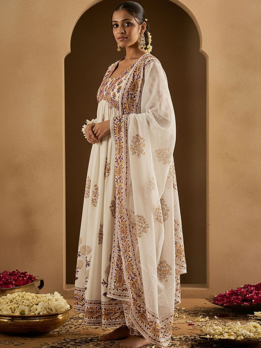 Ethnic Motifs Printed Empire Pure Cotton Anarkali Kurta With Trousers & Dupatta