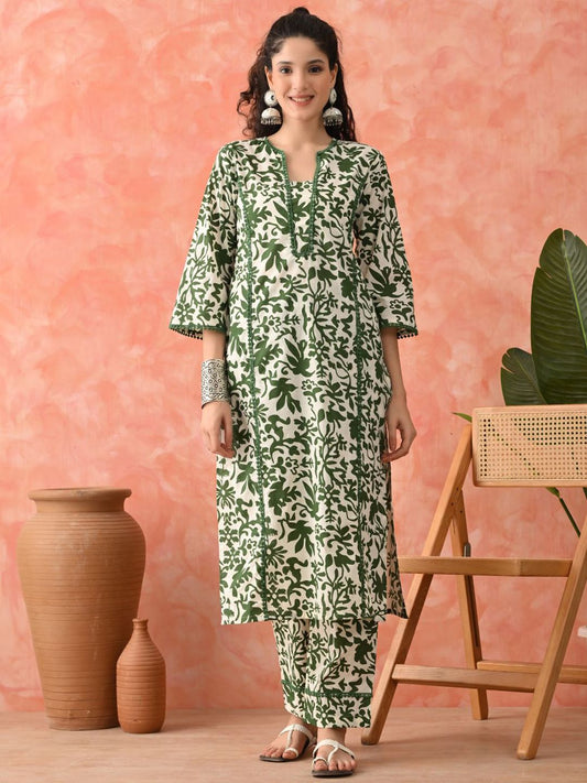Dhiyona SN Women's Floral Printed Pure Cotton A-Line Kurta & Palazzo