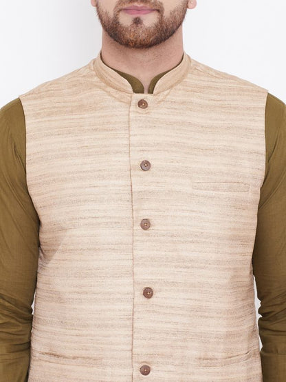 Men's Mehendi Green Cotton Blend Straight Jacket  Kurta and Pyjama Set