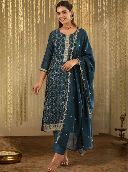 Women Ethnic Motifs Embroidered Regular Thread Work Kurta with Trousers & With Dupatta