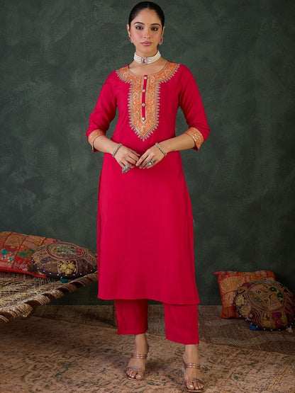 Ethnic Motifs Embroidered Straight Thread Work Kurta With Trouser & Dupatta