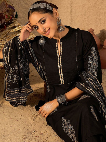 Women Ethnic Motifs Embroidered Cotton Kurta with Trousers & Dupatta