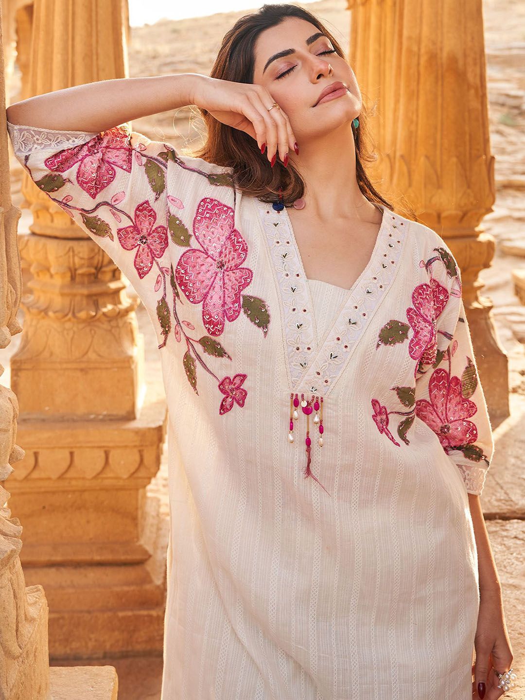 Dhiyona IE Indo era Printed Pure Cotton V Neck Top With Trousers Co-Ords Set