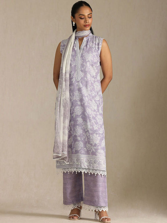 Dhiyona SO Women's Women Printed Regular Beads and Stones Linen Kurta with Palazzos & With Dupatta