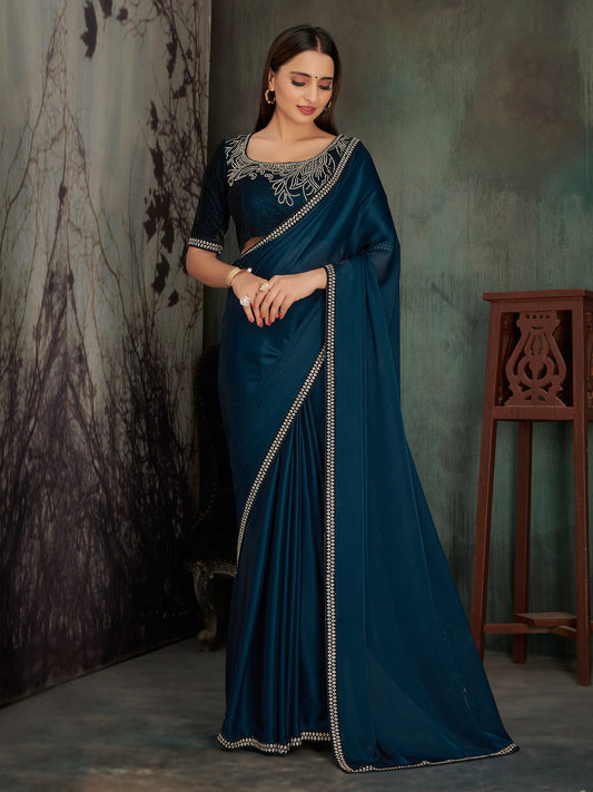 Women's Chiffon Teal blue Embellished Celebrity Saree With Blouse Piece