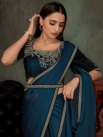 Women's Chiffon Teal blue Embellished Celebrity Saree With Blouse Piece