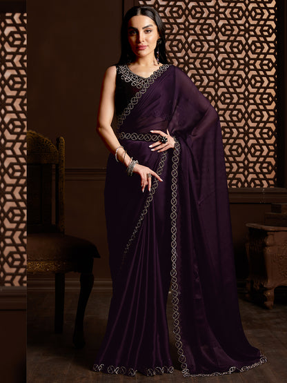 Women's Chiffon Purple Embellished Celebrity Saree With Blouse Piece