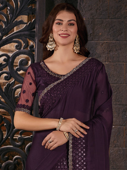 Women's Pure Chiffon Purple Embellished Designer Saree With Blouse Piece