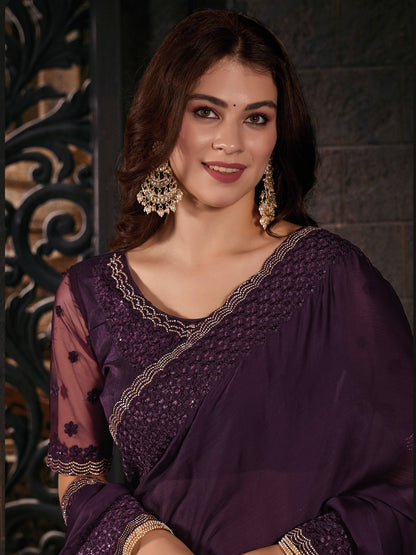 Women's Pure Chiffon Purple Embellished Designer Saree With Blouse Piece