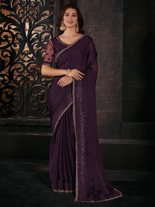 Women's Pure Chiffon Purple Embellished Designer Saree With Blouse Piece