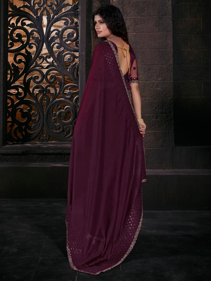 Women's Pure Chiffon Burgundy Embellished Designer Saree With Blouse Piece