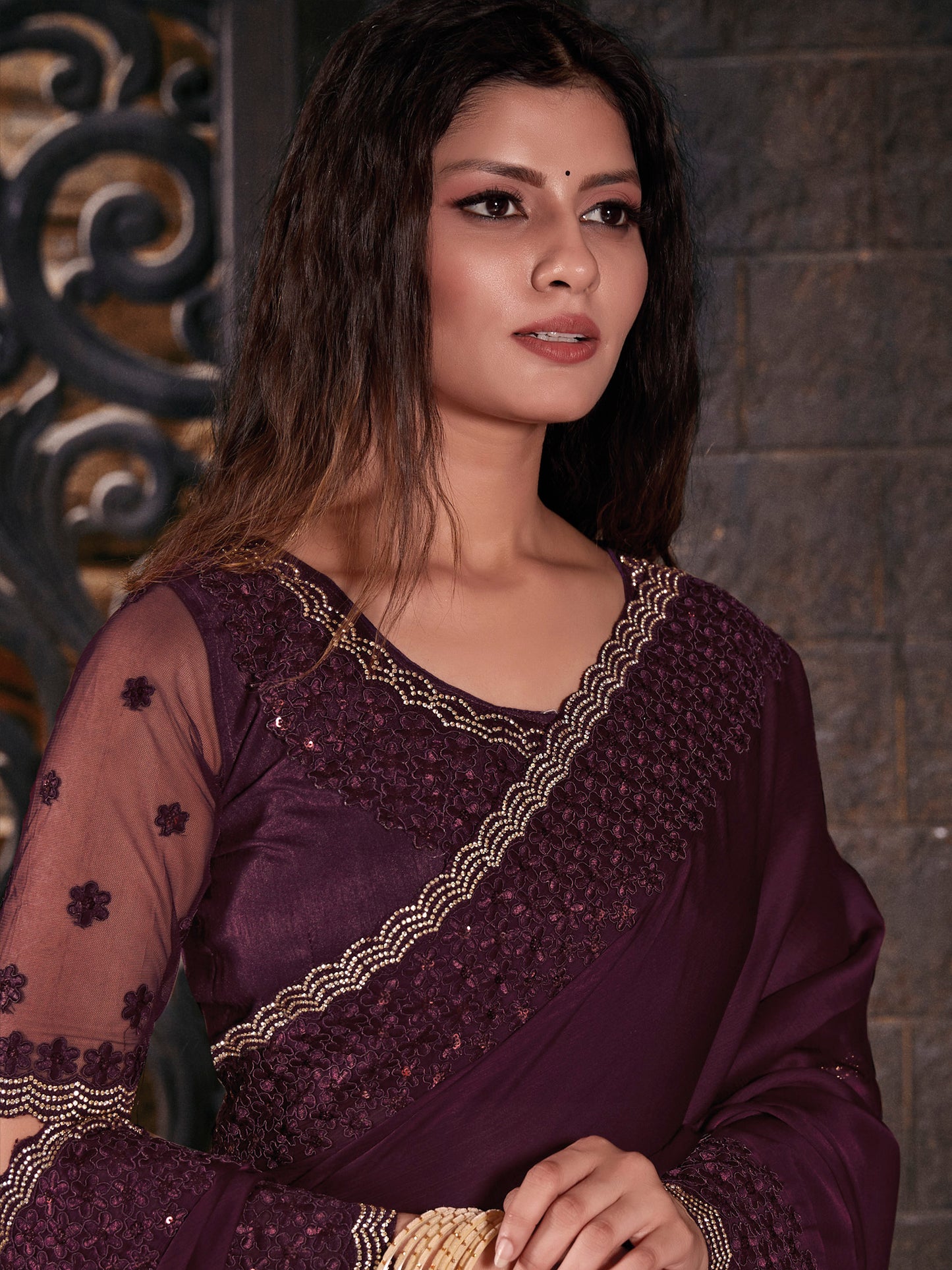 Women's Pure Chiffon Burgundy Embellished Designer Saree With Blouse Piece