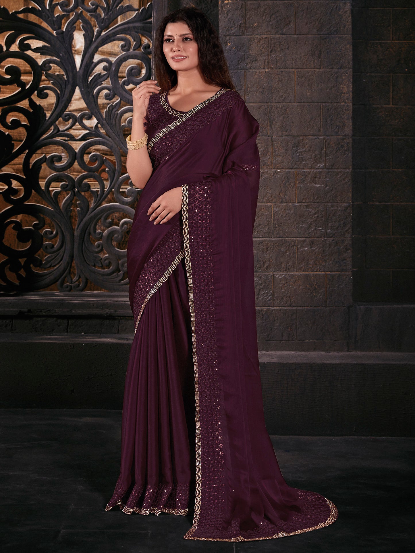 Women's Pure Chiffon Burgundy Embellished Designer Saree With Blouse Piece