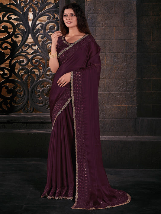 Women's Pure Chiffon Burgundy Embellished Designer Saree With Blouse Piece