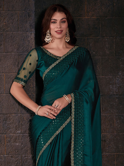 Women's Pure Chiffon Teal green Embellished Designer Saree With Blouse Piece