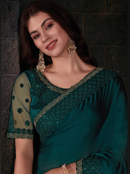 Women's Pure Chiffon Teal green Embellished Designer Saree With Blouse Piece