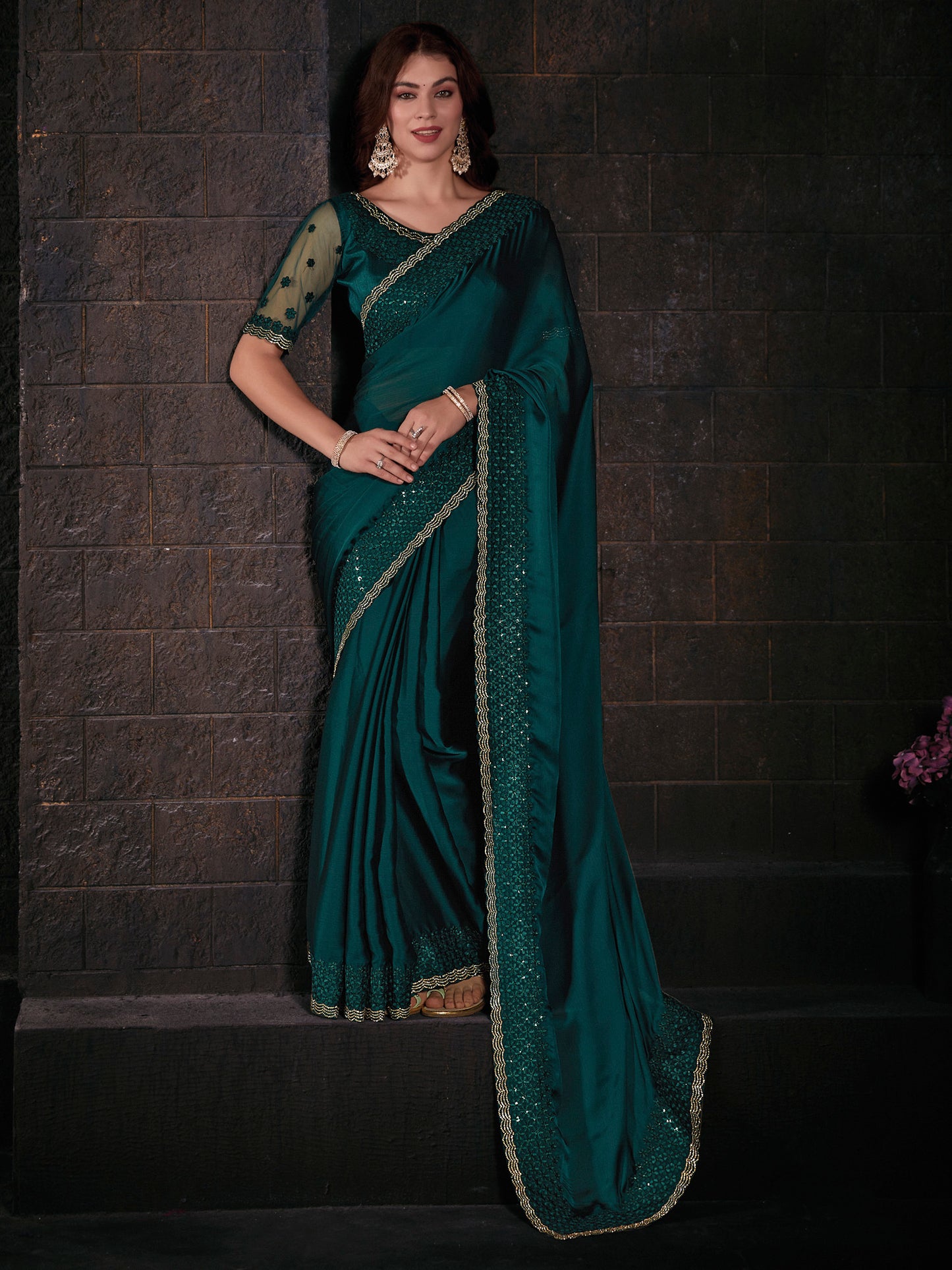 Women's Pure Chiffon Teal green Embellished Designer Saree With Blouse Piece