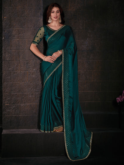 Women's Pure Chiffon Teal green Embellished Designer Saree With Blouse Piece