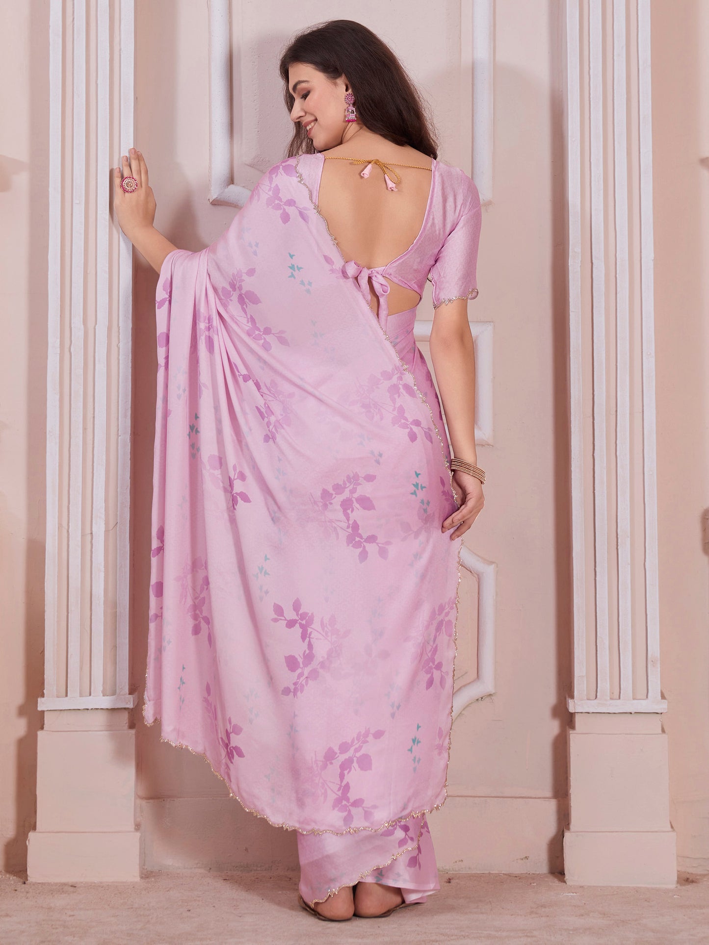 Women's Satin Silk Pink Digital Print Designer Saree With Blouse Piece
