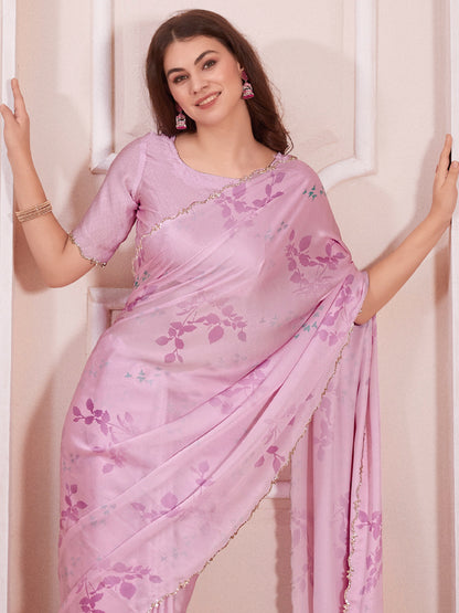 Women's Satin Silk Pink Digital Print Designer Saree With Blouse Piece