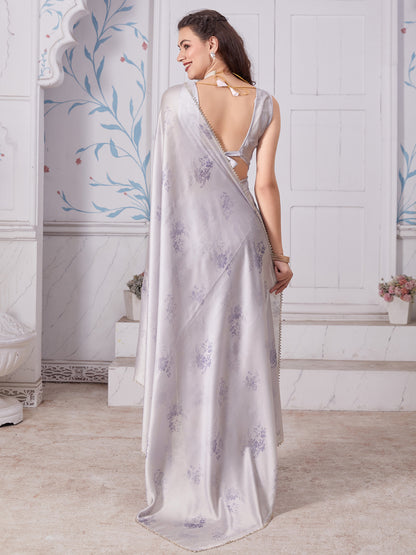 Women's Satin Silk Grey Digital Print Designer Saree With Blouse Piece