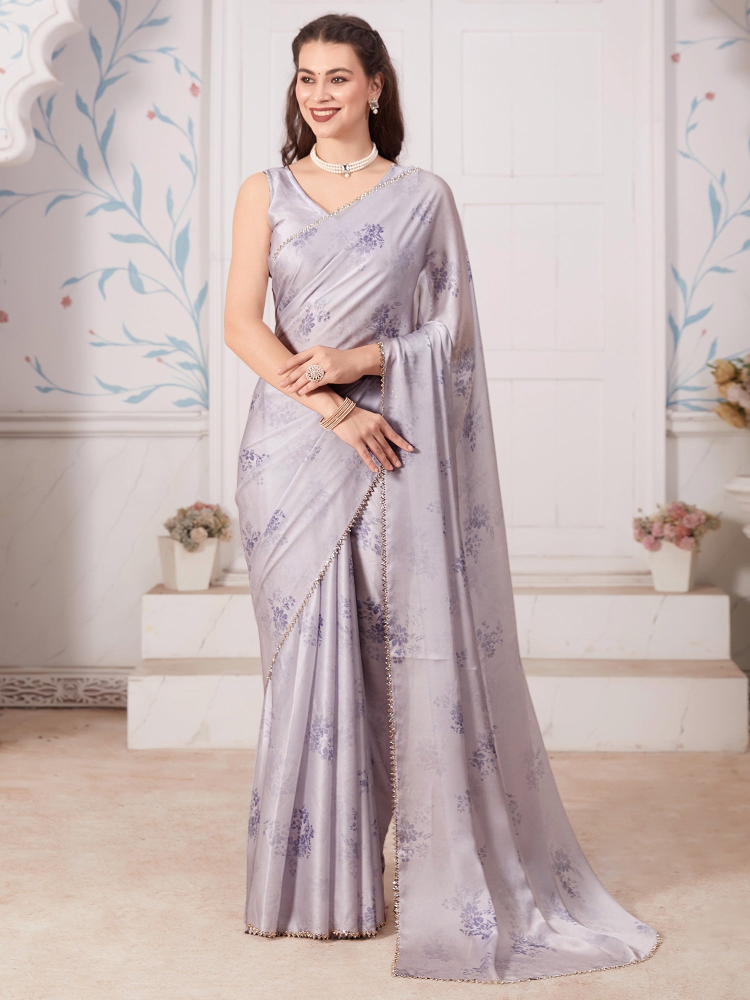 Women's Satin Silk Grey Digital Print Designer Saree With Blouse Piece