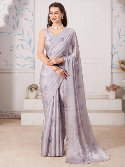 Women's Satin Silk Grey Digital Print Designer Saree With Blouse Piece