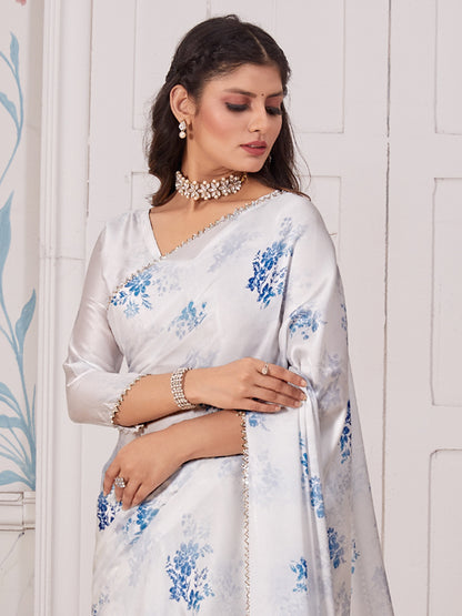 Women's Satin Silk White Digital Print Designer Saree With Blouse Piece