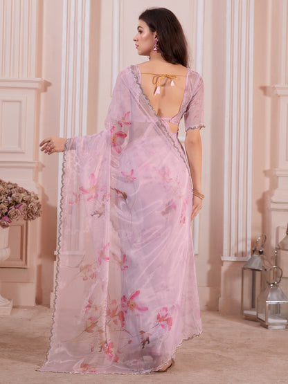 Women's Organza Pink Digital Print Designer Saree With Blouse Piece