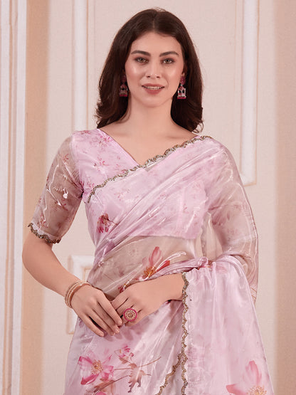 Women's Organza Pink Digital Print Designer Saree With Blouse Piece