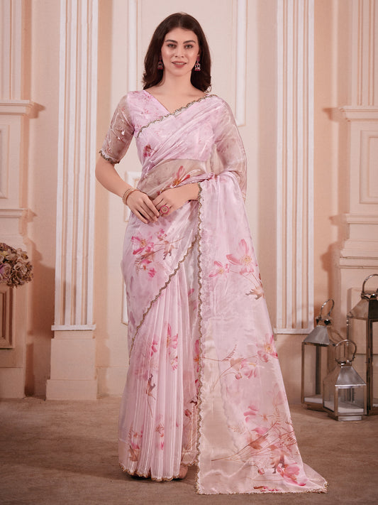 Women's Organza Pink Digital Print Designer Saree With Blouse Piece