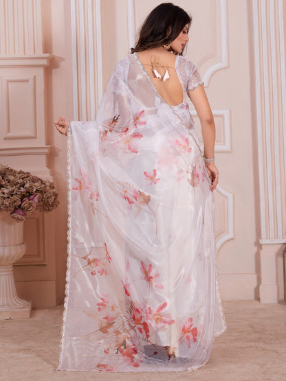 Women's Organza White Digital Print Designer Saree With Blouse Piece