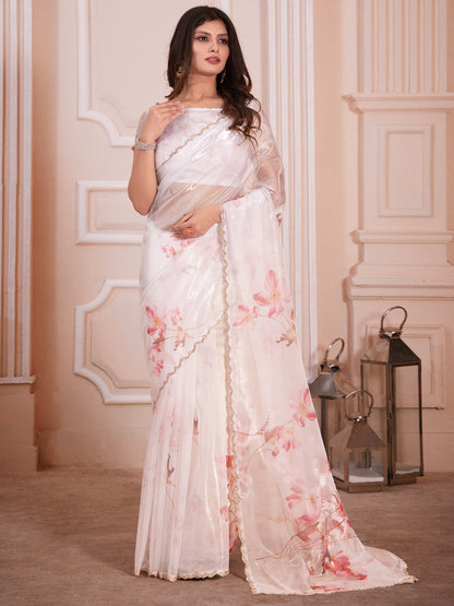 Women's Organza White Digital Print Designer Saree With Blouse Piece