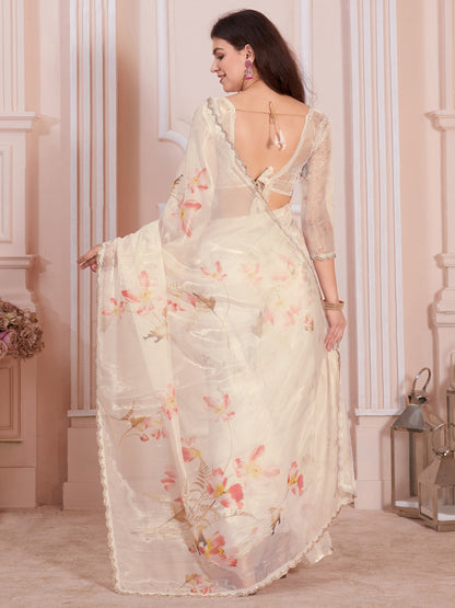 Women's Organza Cream Digital Print Designer Saree With Blouse Piece