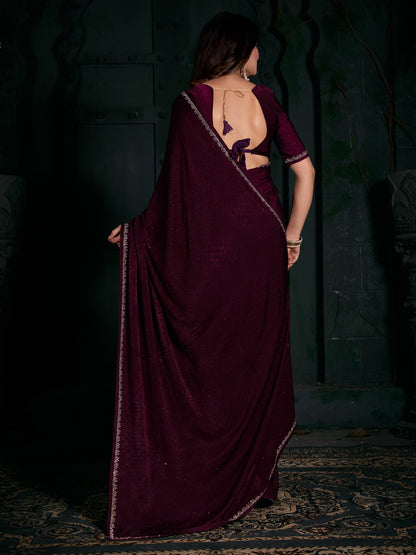 Women's Velvet Magenta Embellished Designer Saree With Blouse Piece
