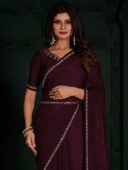 Women's Velvet Magenta Embellished Designer Saree With Blouse Piece