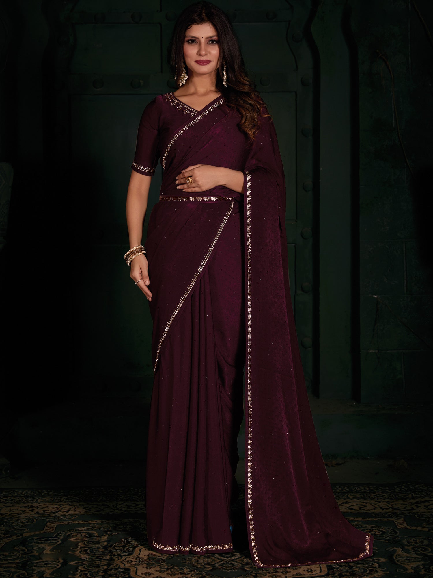 Women's Velvet Magenta Embellished Designer Saree With Blouse Piece
