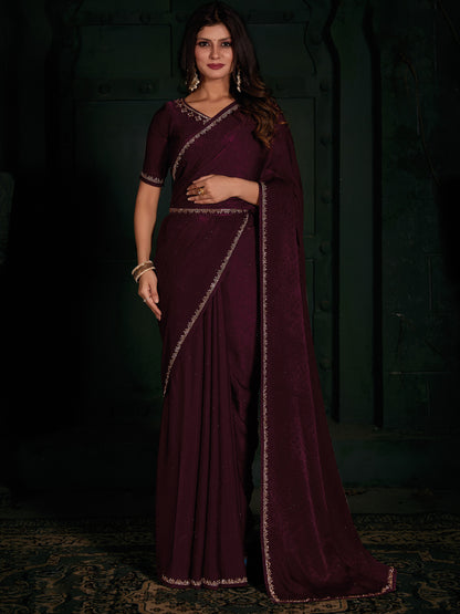 Women's Velvet Magenta Embellished Designer Saree With Blouse Piece