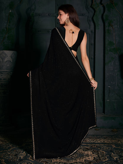 Women's Velvet Black Embellished Designer Saree With Blouse Piece