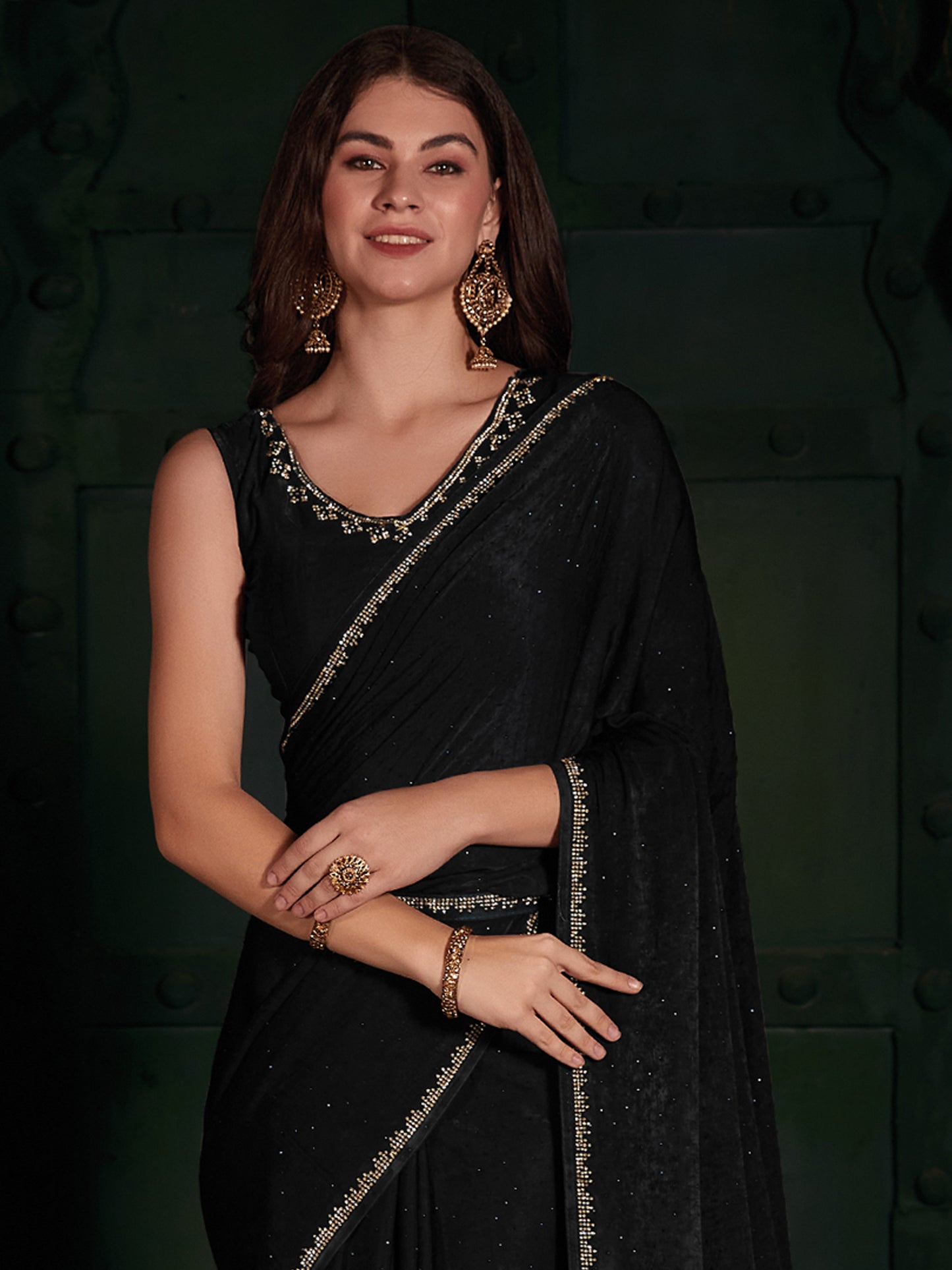 Women's Velvet Black Embellished Designer Saree With Blouse Piece