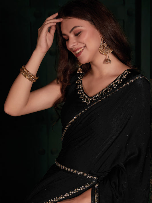 Women's Velvet Black Embellished Designer Saree With Blouse Piece