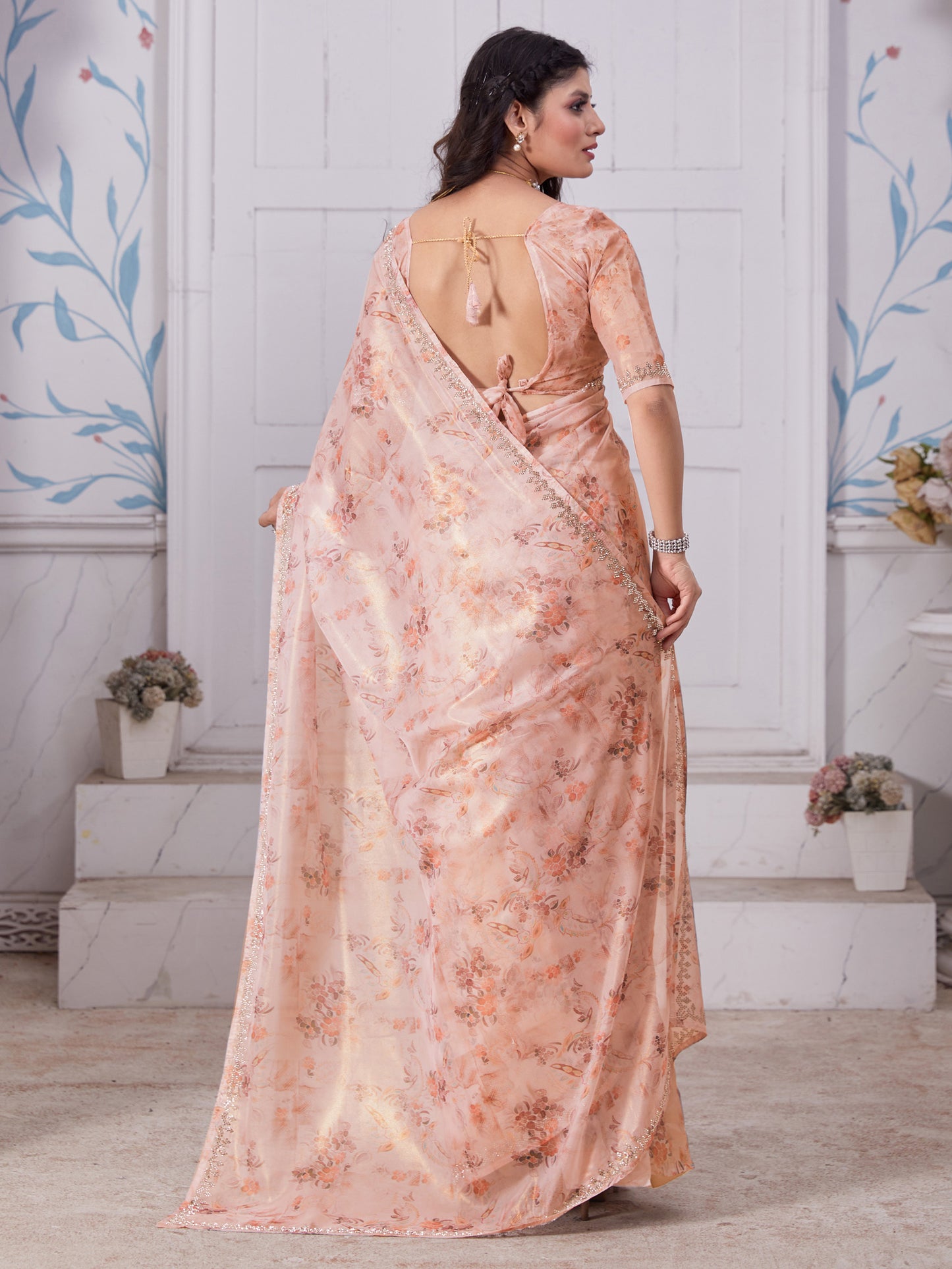 Women's Organza Peach Embellished Designer Saree With Blouse Piece