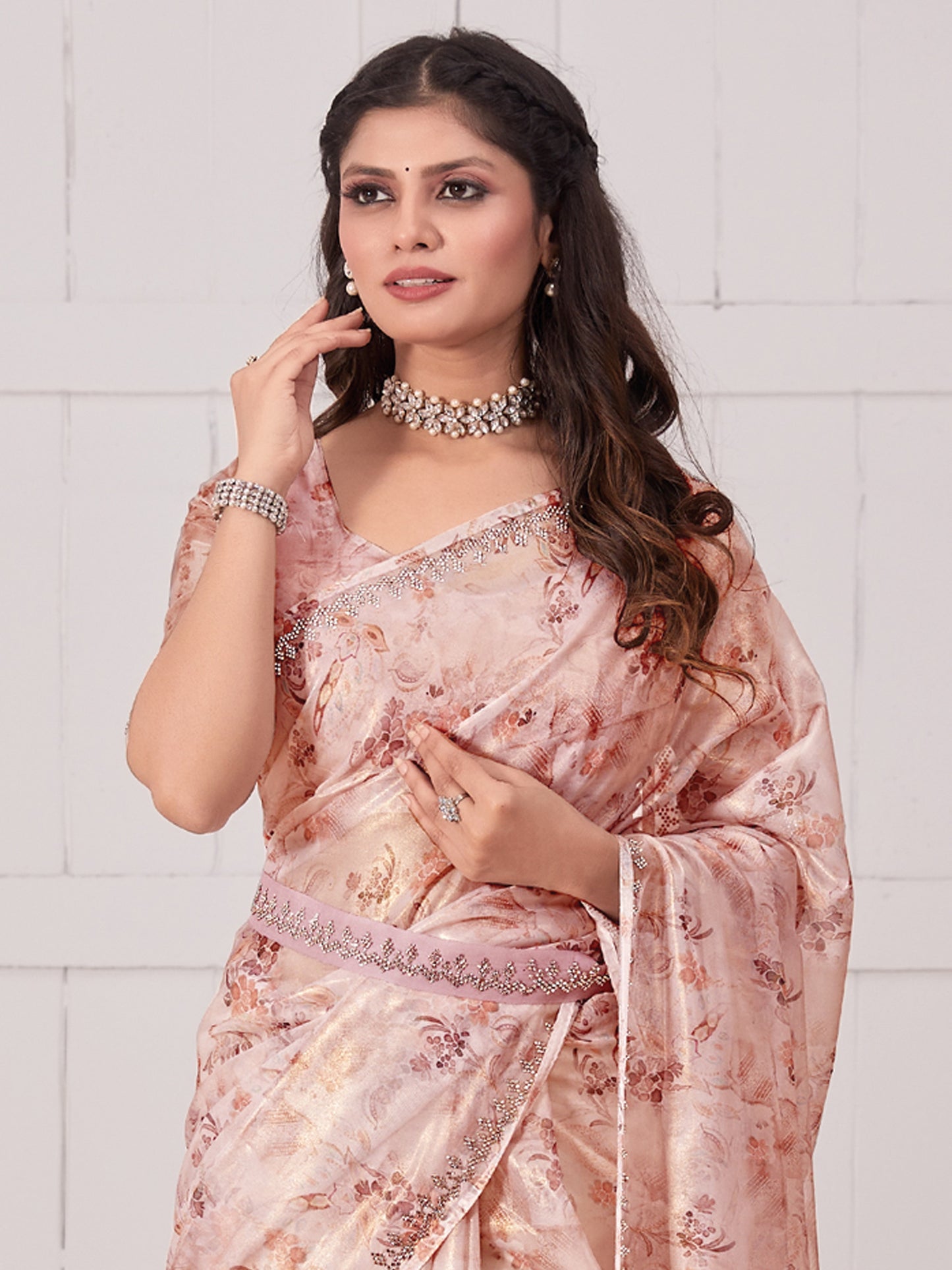 Women's Organza Peach Embellished Designer Saree With Blouse Piece