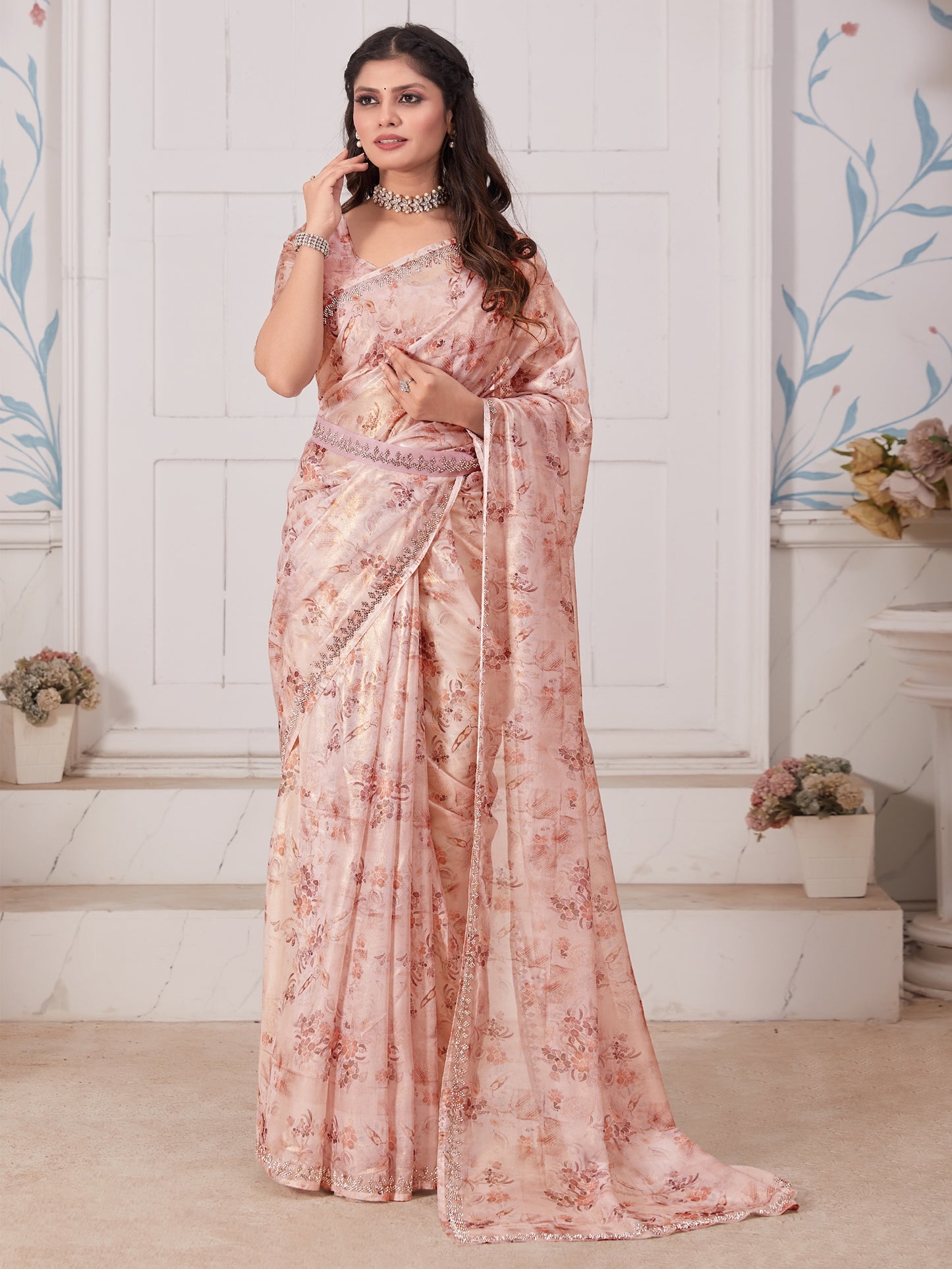 Women's Organza Peach Embellished Designer Saree With Blouse Piece