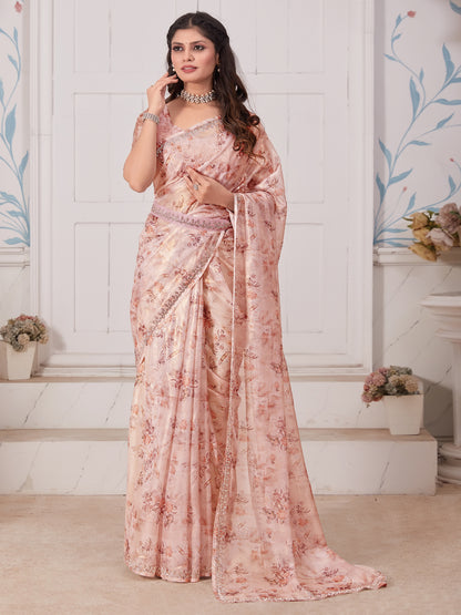 Women's Organza Peach Embellished Designer Saree With Blouse Piece