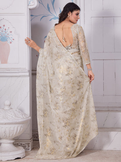 Women's Organza Cream Embellished Designer Saree With Blouse Piece