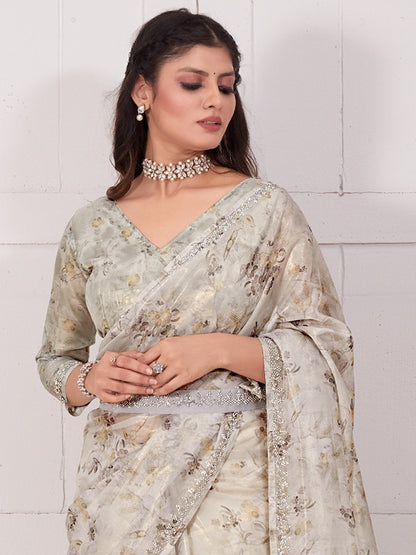 Women's Organza Cream Embellished Designer Saree With Blouse Piece